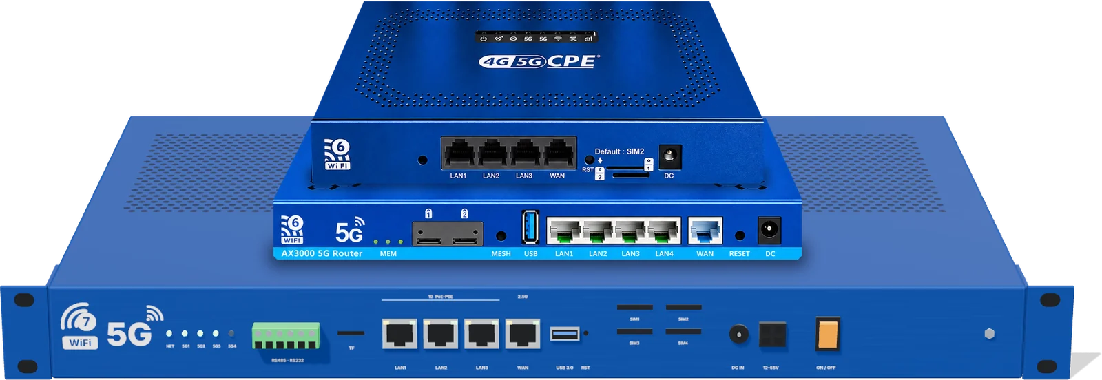 OnSDWAN hardware lineup: 4G/5G CPE on top, AX3000 5G router in the middle and 1U rackmount 5G Wi-Fi 7 appliance below